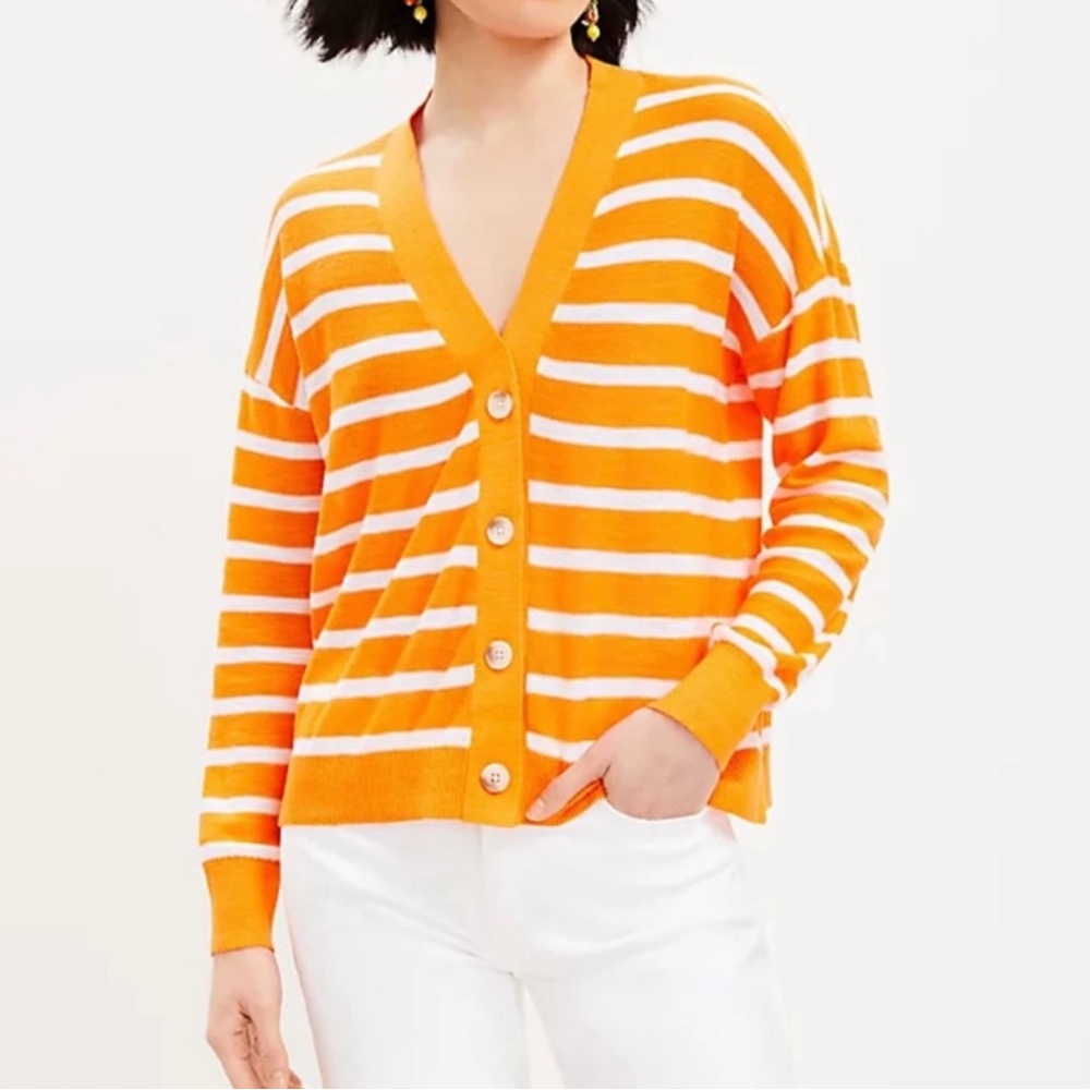 LOFT Striped Oversized Boxy Cardigan Sweater Bright Orange White M